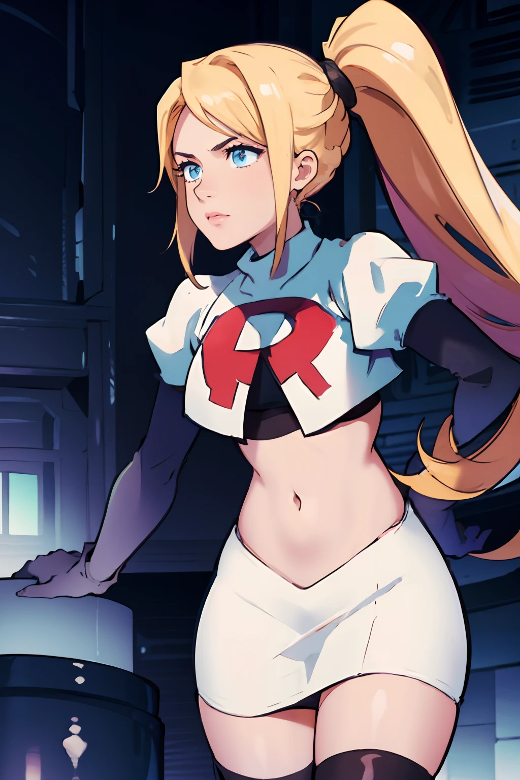 samus aran, ponytail, hair tie, team rocket, team rocket uniform, red letter R, white skirt, white crop top, black thigh-highs, black elbow gloves, spaceship background