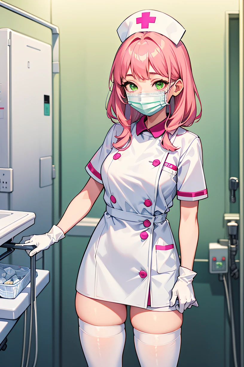 1woman, solo, nurse, nurse cap, white wear, ((white legwear, zettai ryouiki)), white gloves, pink hair, green eyes, drooping eyes, ((white surgical mask, covered nose)), standing, ((hospital room)), sharp outline, short sleeves, mature female, 32 years old, best quality, masterpiece