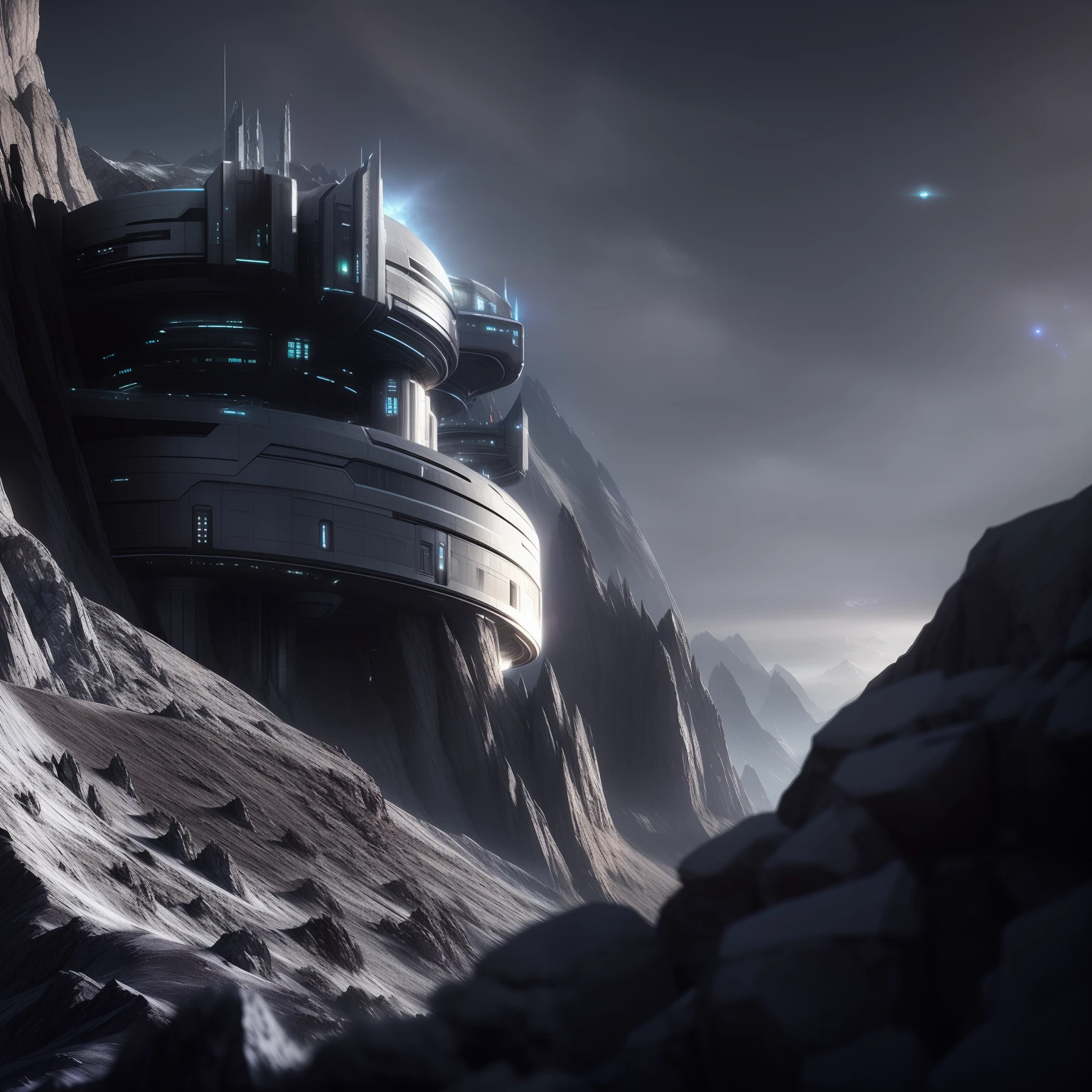 a futuristic building on a rocky mountain with a sky background, stunning sci-fi concept art, science fiction matte painting, science - fiction matte painting, inspired by Michał Karcz, dramatic lighting sci fi, inspired by Michal Karcz, highly realistic concept art, sci fi setting, mystical sci-fi concept art, sci-fi hollywood concept art