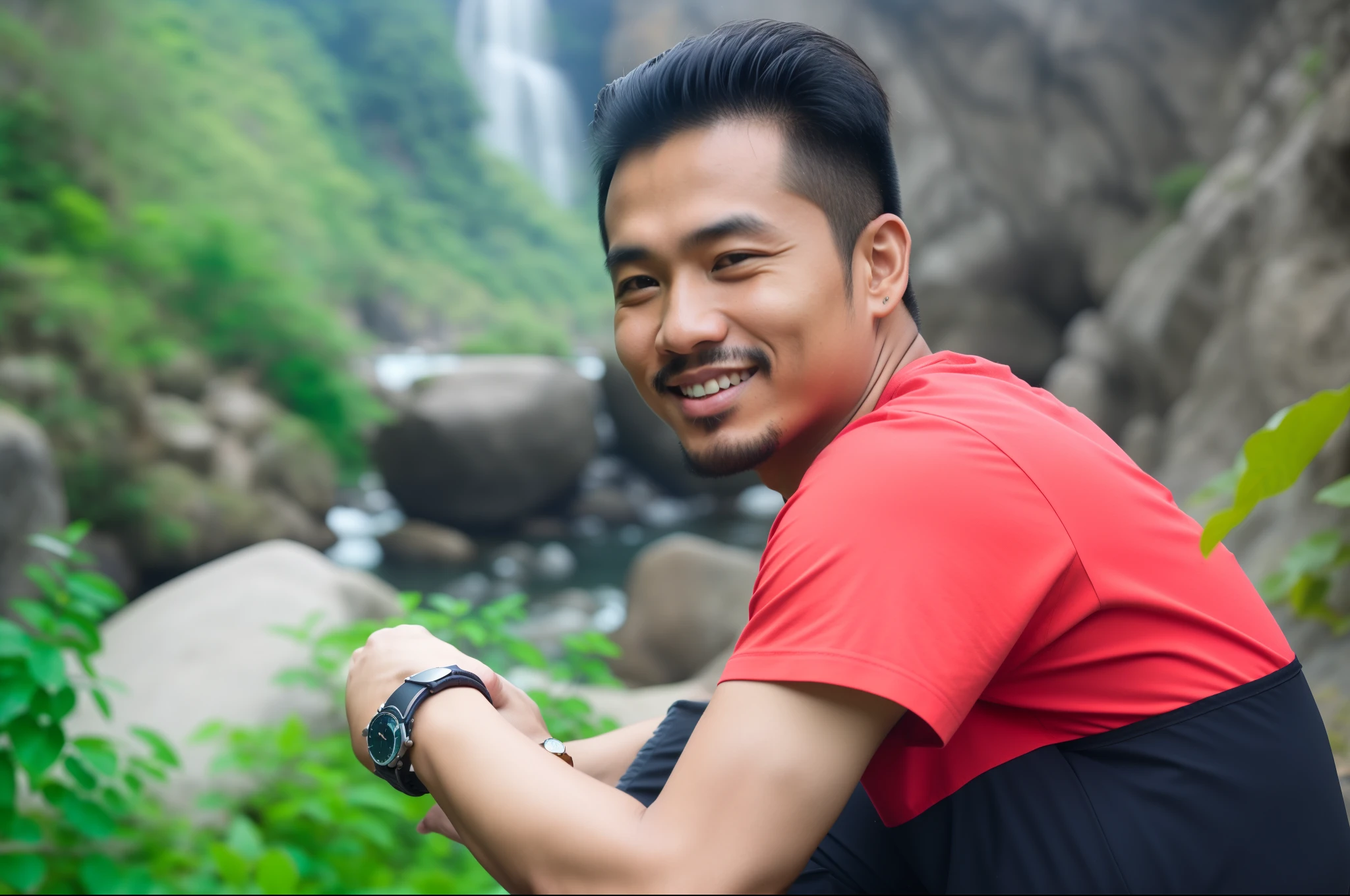 There's a man sitting on a rock with a watch on his wrist, Nivanh Chanthara, Huang Longo Ly, Dzung Phung Dinh, Bao Pham, Damien Tran, Phong Yintion J - Jiang Geping, Lago do Diabo, Darren Quach, imagem do avatar, ramil sunga, Thawan Duchanee
