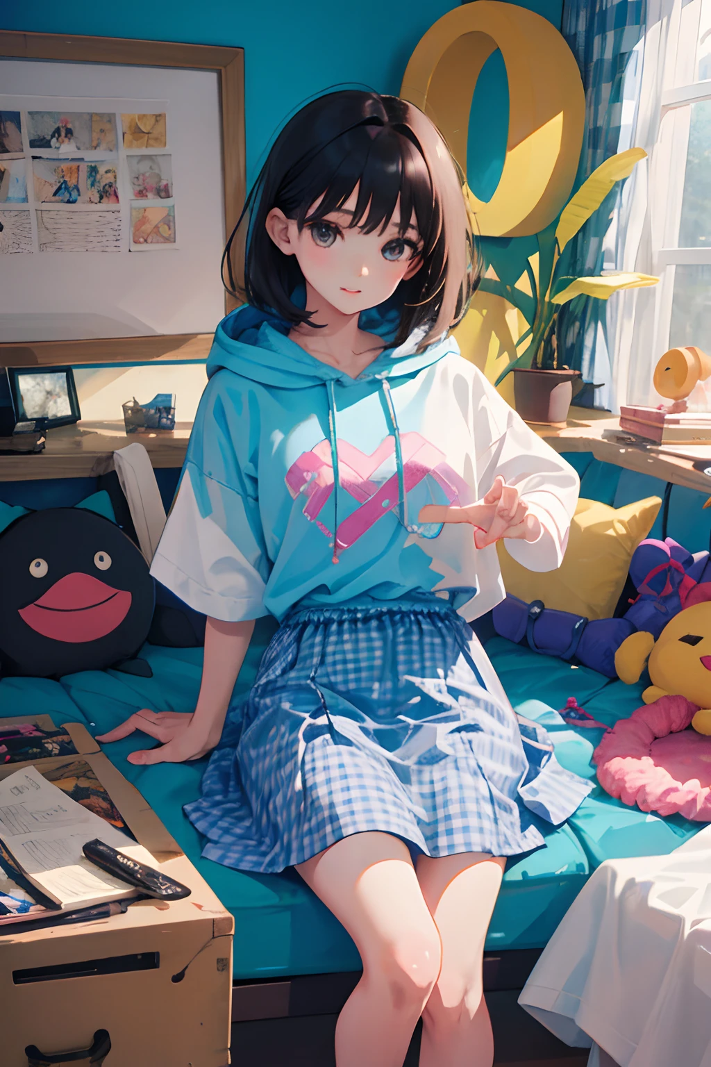 (child),(masterpiece,Highest Quality),Pastel hoodies with short sleeves,(gingham checked skirt),A dark-haired,World of toys