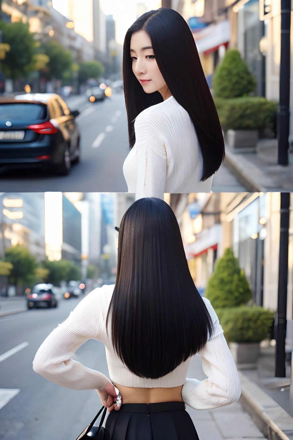 ((top-quality、in 8K、masterpiece:1.3))、foco nítido:1.2、Beautiful woman perfect body:1.4、Slim abs:1.2、((Longhaire、straight haired:1.2))、(Long sleeve knit、tight skirts:1.1)、(Sateen、a street:1.2)、wetbody:1.5、Three-dimensional texture、A detailed eye、Black hair、Very shiny hair、posterior view、Hair quality improvement