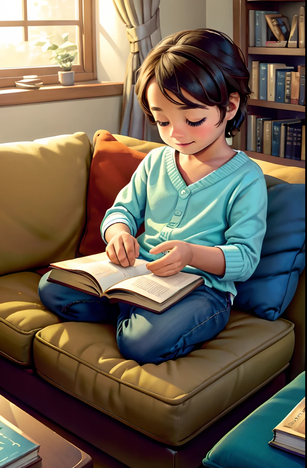 (highres,best quality,realistic) 1 ,sitting on the couch,reading a book,cozy living room,soft natural light,vibrant colors,comfortable cushions,bookshelf in the background,bookmarks and notes,peaceful atmosphere,relaxing moment,concentration,curious expression,imagining adventurous stories,appreciating the magic of reading,gentle smile,clothes neatly stacked on the couch,affection for books,daydreaming,enchanted by the words,errands forgotten,world of imagination.