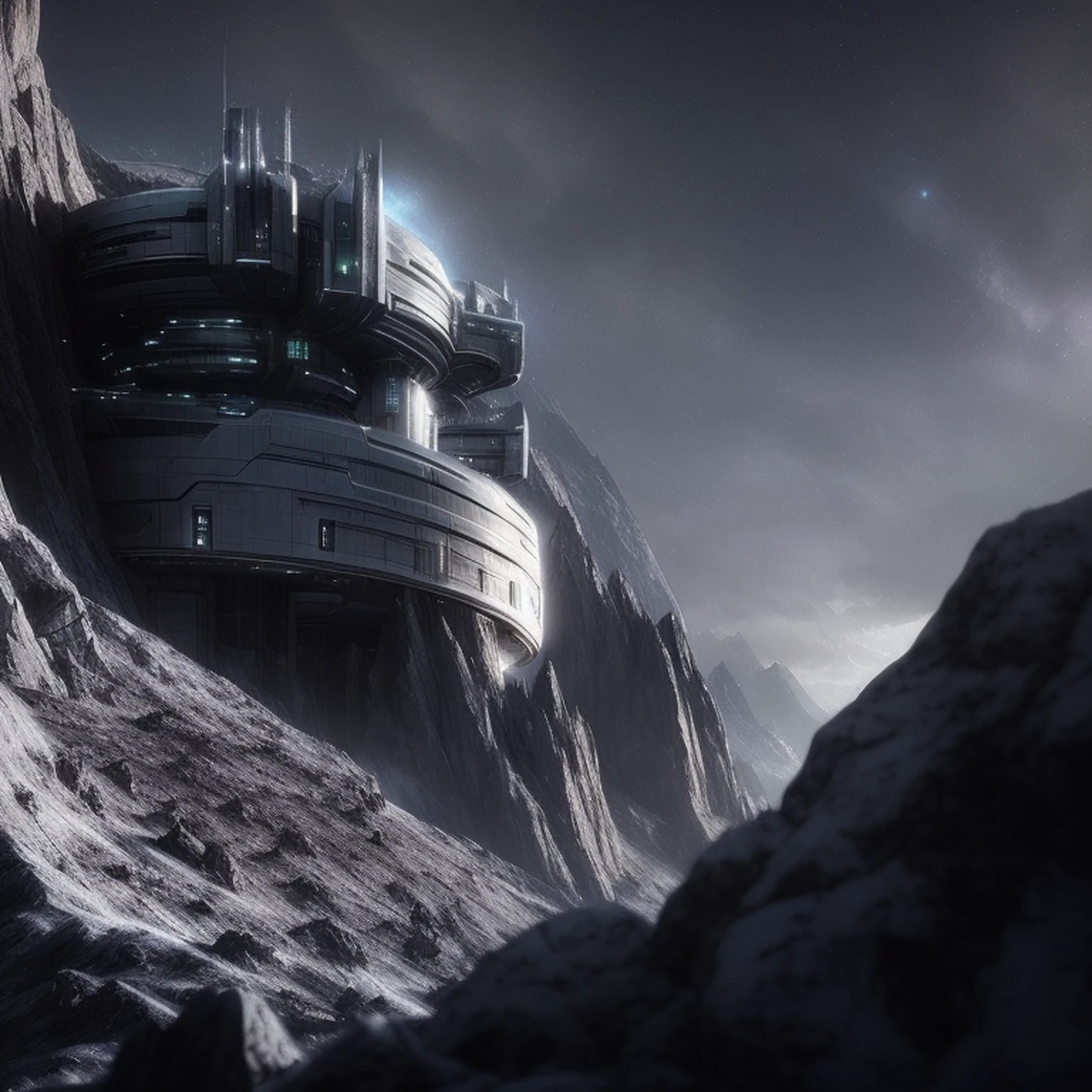 a futuristic building on a rocky mountain with a sky background, stunning sci-fi concept art, science fiction matte painting, science - fiction matte painting, inspired by Michał Karcz, dramatic lighting sci fi, inspired by Michal Karcz, highly realistic concept art, sci fi setting, mystical sci-fi concept art, sci-fi hollywood concept art