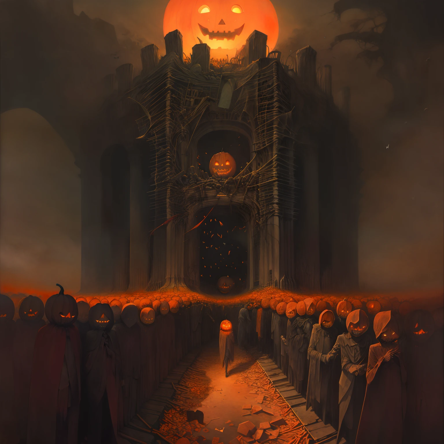 crowd of people, Jack o lantern, candy, treats, confetti, happy Halloween, by Zdzislaw Beksinski, scenery