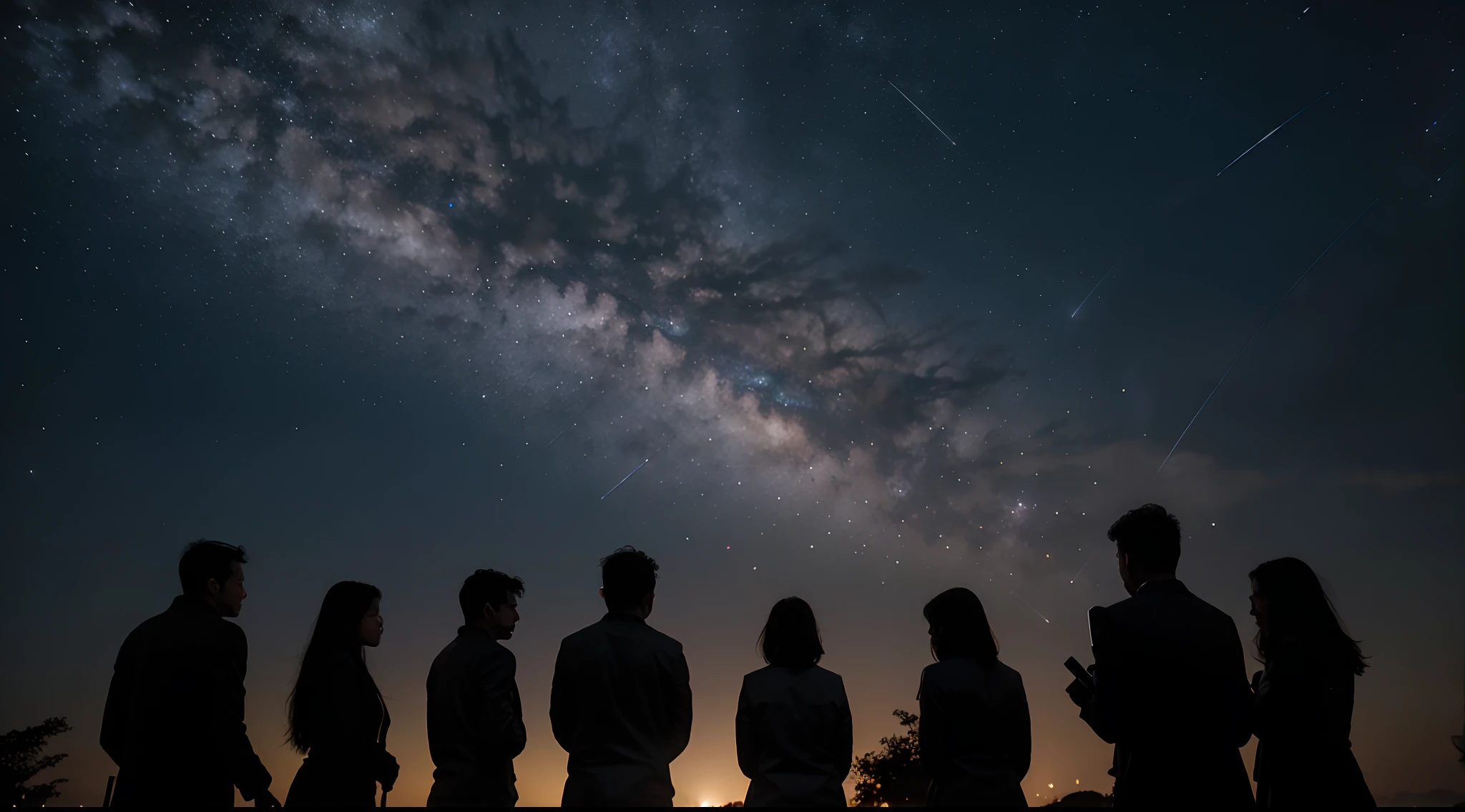 Silhouettes of people watching shooting stars in the night sky with the phrase "Sonhe, acredite, alcance"