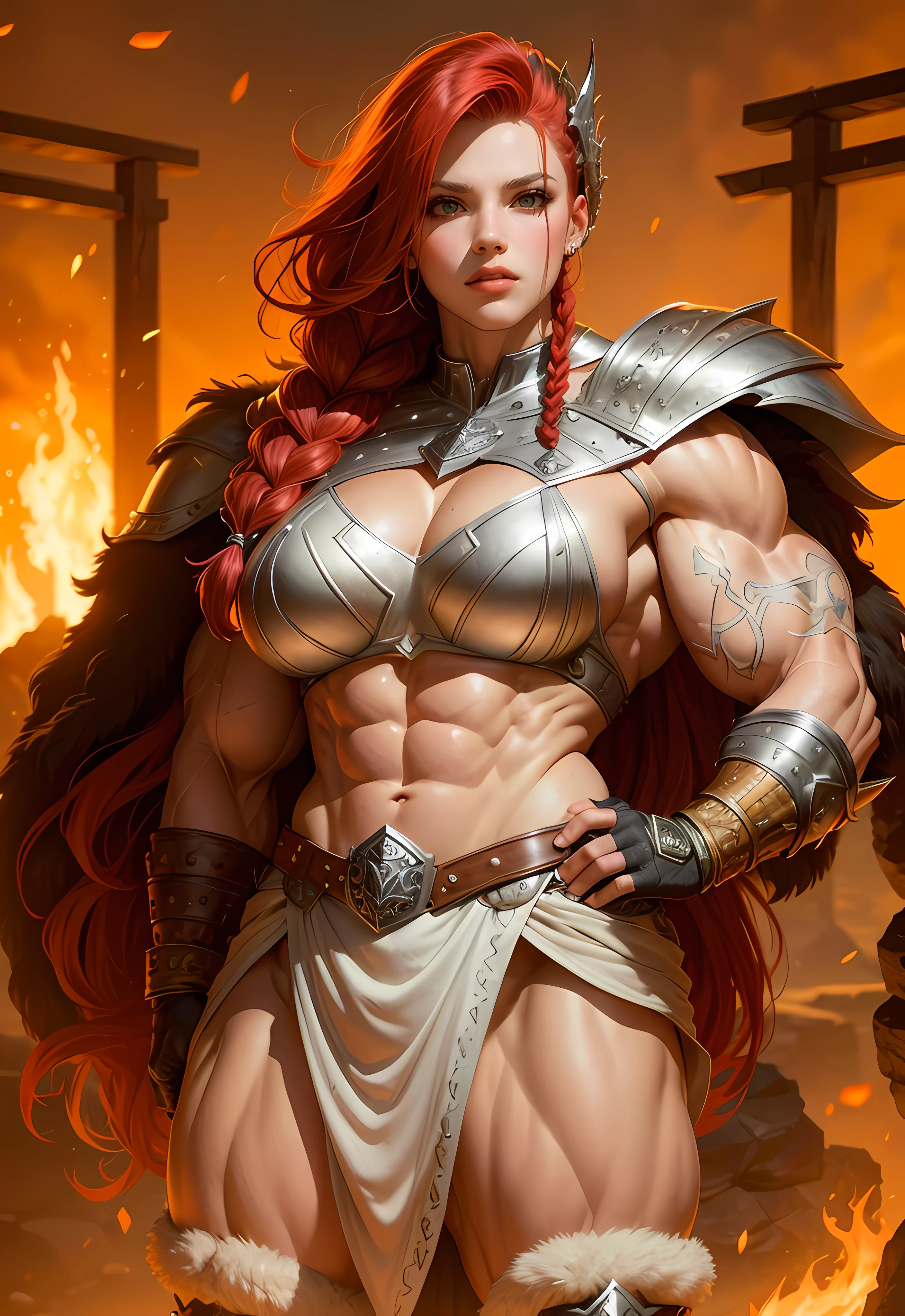 Armadura de metal, Mulher ruiva cabelo vikings, ((((huge muscles)))), cota de malha de escamas brilhantes, luva de couro, capa estilo marvel, estilo buscema, espada, capa de couro, Hair braids