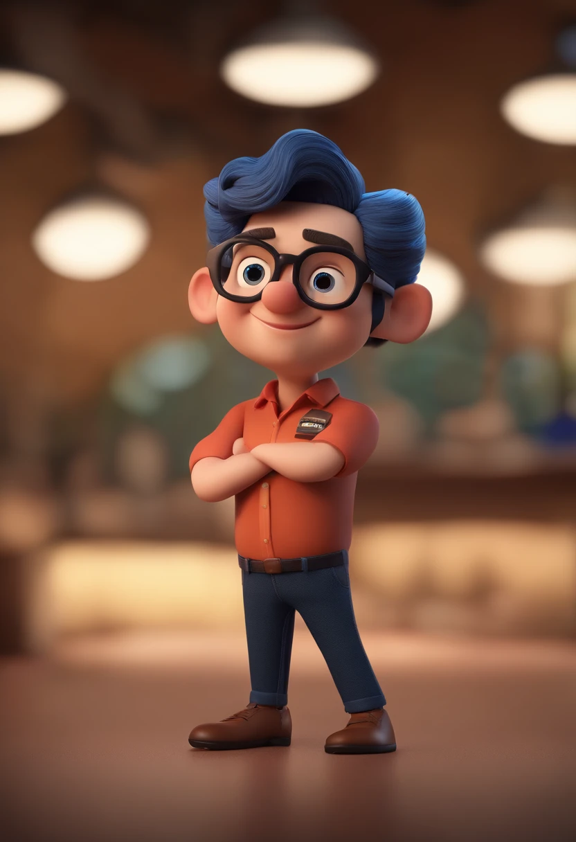 Cartoon character of a man wearing black glasses and a blue shirt, um personagem animado, Caractere estilizado, animation style rendering, 3D estilizado, Arnold Maya render, 3 d render stylized, toon render keyshot, Personagem 3D, Personagem 3D, 3d rendering stylized, 3 d character render, personagem de desenho animado, Personagem de close up, Pose de personagem, (Estilo Pixar) (master part:1.2) (Bokeh) (best quality) (pele detalhada) (textura detalhada) (8k) (argila) (Cinematic lighting) (foco nítido,Senta e vaza a parte superior do corpo