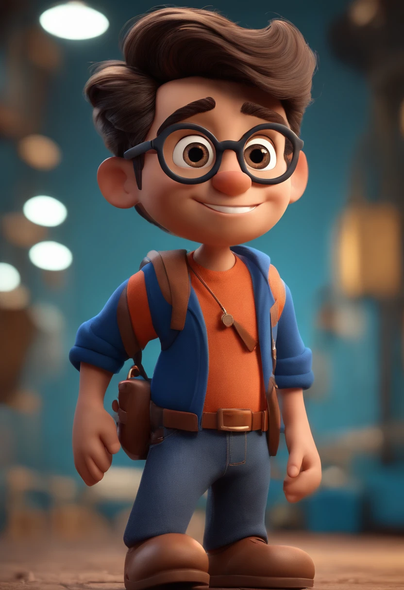 Cartoon character of a man with black glasses, cabelo cacheado marrom escuro e uma camisa azul, animation character, Caractere estilizado, animation style rendering, 3D estilizado, Arnold Maya render, 3 d render stylized, toon render keyshot, Personagem 3D, Personagem 3D, 3d rendering stylized, 3 d character render, personagem de desenho animado, Personagem de close up, Pose de personagem, (Estilo Pixar) (master part:1.2) (Bokeh) (best quality) (pele detalhada) (textura detalhada) (8k) (argila) (Cinematic lighting) (foco nítido