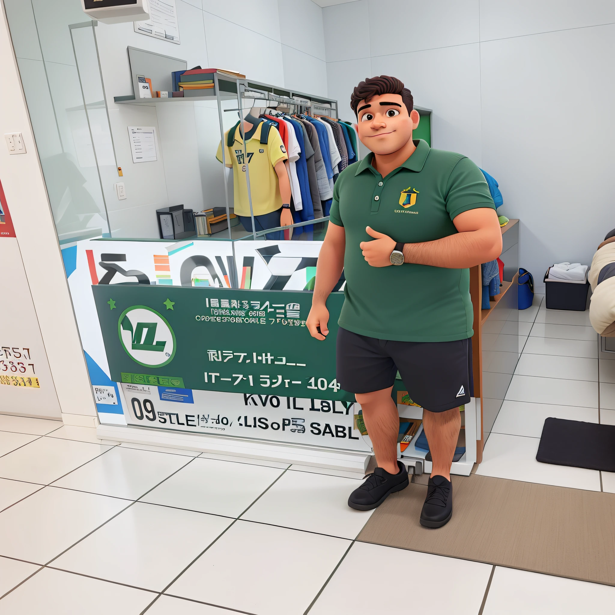 Um homem loiro parado em frente a sua loja de roupas