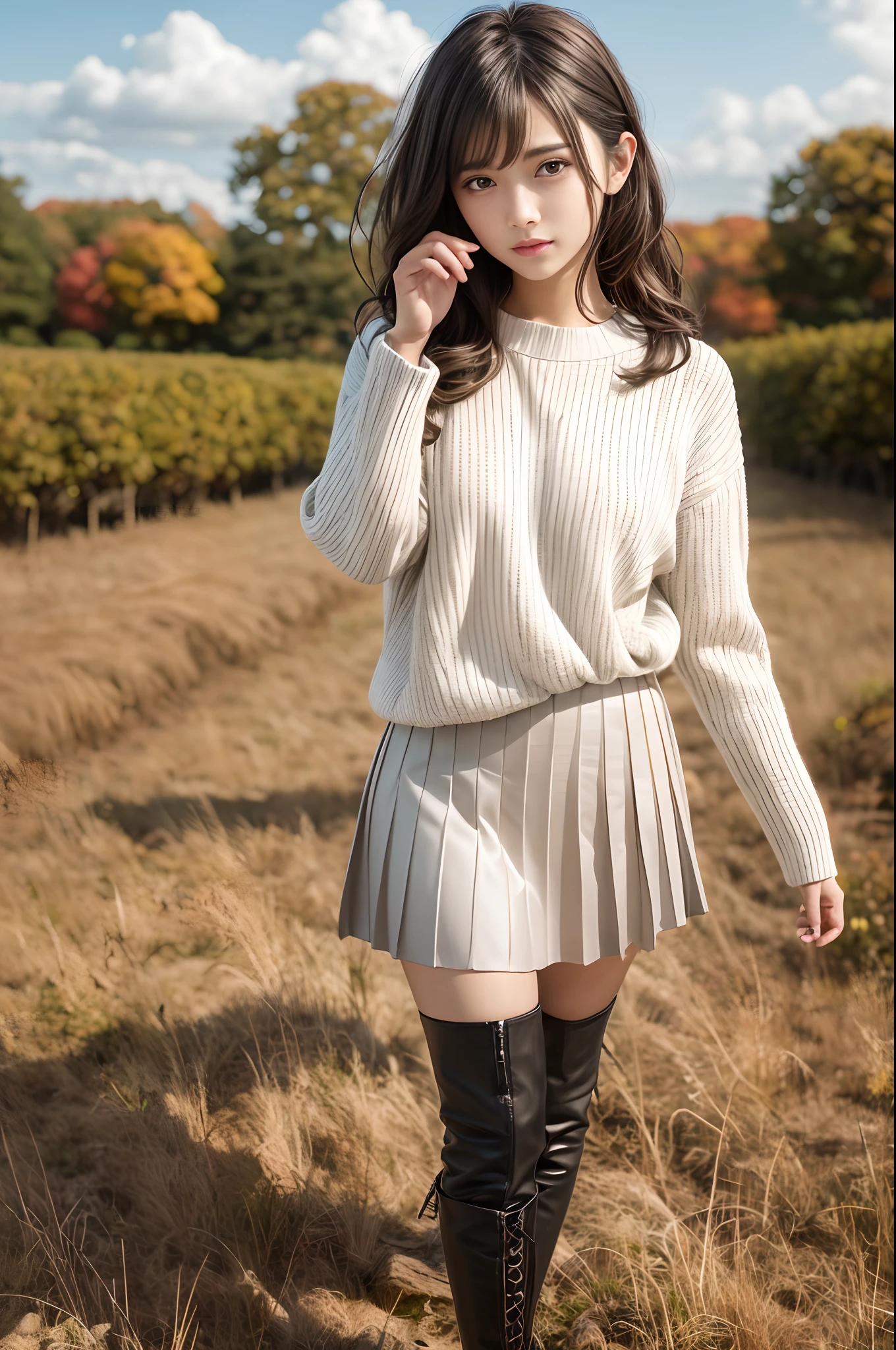 (Raw photo:1.2), (Photorealistic), Beautiful detailed girl, Very detailed eyes and face, Beautiful detailed eyes, Huge file size, High resolution, Very detailed, Best Quality, [masutepiece:1.6], Illustration, Very detailed, Fine detail, Best Quality, 8K Wallpaper, Movie Lighting, 15-year-old idol of Japan, Cosmos Field, kawaii eyes, Long wavy black hair,  White sweater,  Brown pleated skirt, Red ribbons, Black boots, Slim Boti, Immature body, Young Face, Smaller chest,   Cosmos all around,Autumn landscape, Autumn sunny, Sardine cloud, bright expression