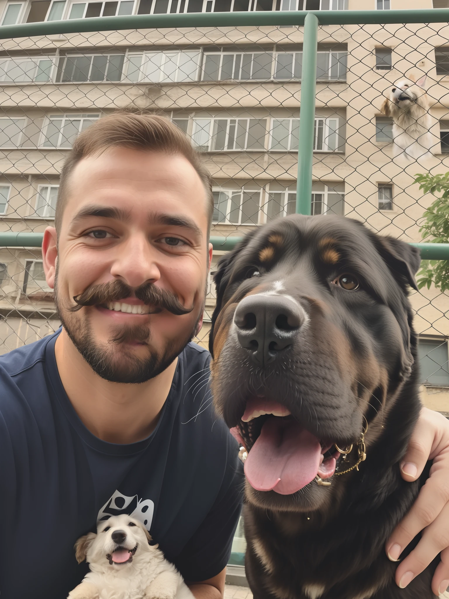 Smiling man with beard and mustache posing with his dog in front of a building, selfie of a dog, por Romain brook, with his hyperactive little dog, Homem de 4 0 anos, portrait big dark dog, Directed by: Emma Andijewska, 3 2 anos, Directed by: Alexander Runciman, 35 anos, 3 5 anos, Nikolay