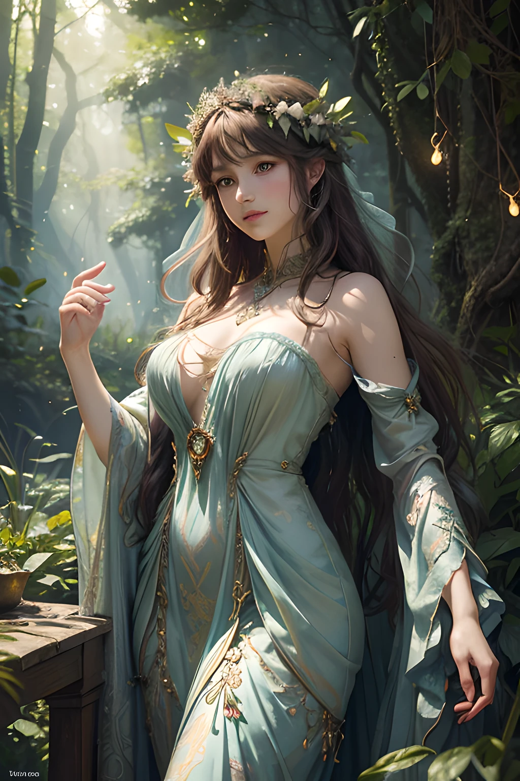 Scene description: In a dreamlike woodland glade, a beautiful lady with an enigmatic smile and a doubled-layer short skirt stands beneath the dappled sunlight streaming through the lush canopy. She's surrounded by whimsical fireflies and magical creatures.
Modifiers: Enchanting, ethereal, soft lighting, surreal, highly detailed, vibrant colors, whimsical, sharp focus.
Artist or style inspiration: Infuse the essence of Alphonse Mucha's Art Nouveau and the enchanting worlds of Brian Froud's illustrations into the image.
Technical specifications: Craft a mesmerizing 4K UHD image that brings to life the lady's mystical encounter in the enchanted forest.