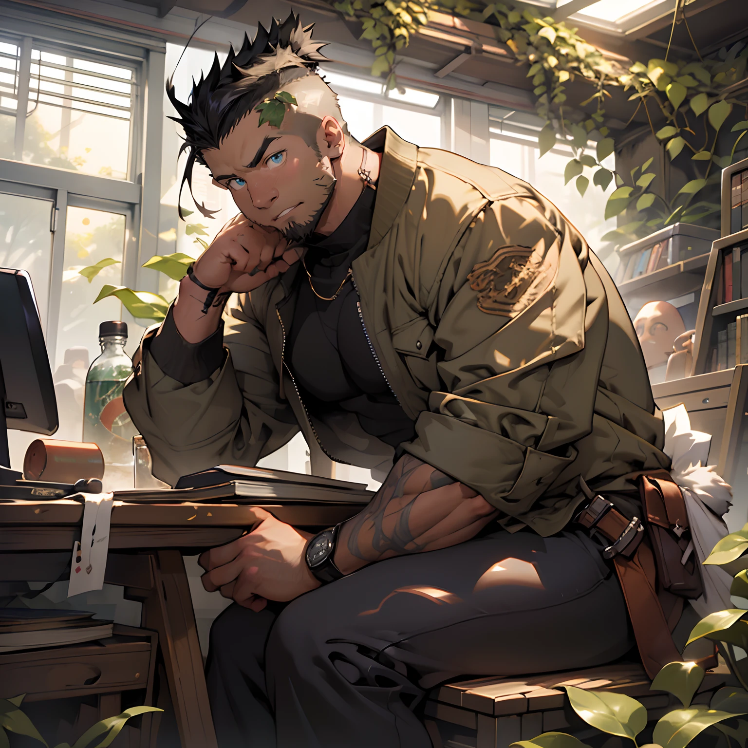 infinite darkness library covered ivy filled by grimoire flying leaf magically and ecosphere jar at alchemy laboratory black night forest, super high resolution kawaii moe anime 8k, undercut, faux hawk, bent knees, babyface monk of wild tribe naked super buff muscular wear futuristic spencer jacket on shirtless, spelling medicine hard tenting the crotch wood straddling the planetarium jar with spread-eagle to manspreading over male seeds by majestically raising the wood, rossdraws global illumination in star lights, trending on artstation pixiv, kawaii moe anime
