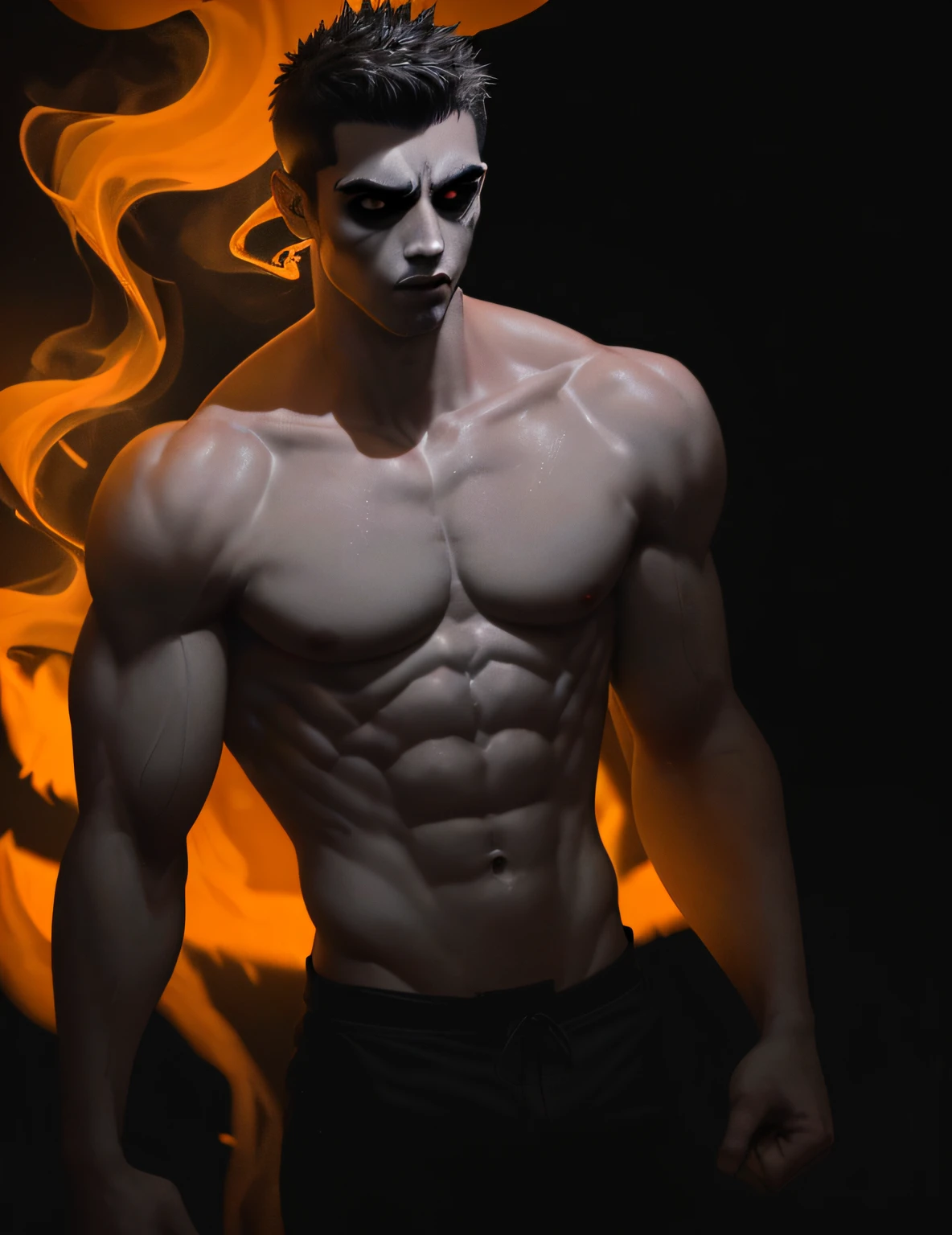 ((corpo inteiro)) 1 Fit Guy, shirtless fit body, Halloween dressed up (sem camisa) maquiagem de halloween. Detalhes: preto, branco, vermelho, laranja, piso limpo, masculino, corpo detalhado, master part, Halloween Party Decoration Background. Dramatic lighting with fire and smoke illuminates the scene, casting deep shadows on the environment.