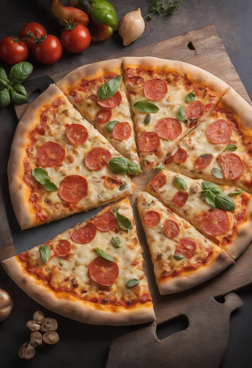 Una pizza con mucho queso, extremadamente deliciosa, Good presentation, sin luz de fondo, profesional photography, luz natural de noche.