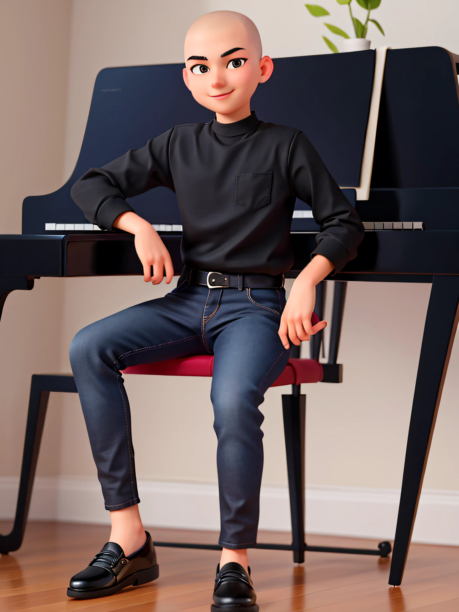 a 17 year old young man, with a shaved head, happy face, wearing a black shirt, black jeans, navy blue shoes, sitting on a chair playing (large black piano)