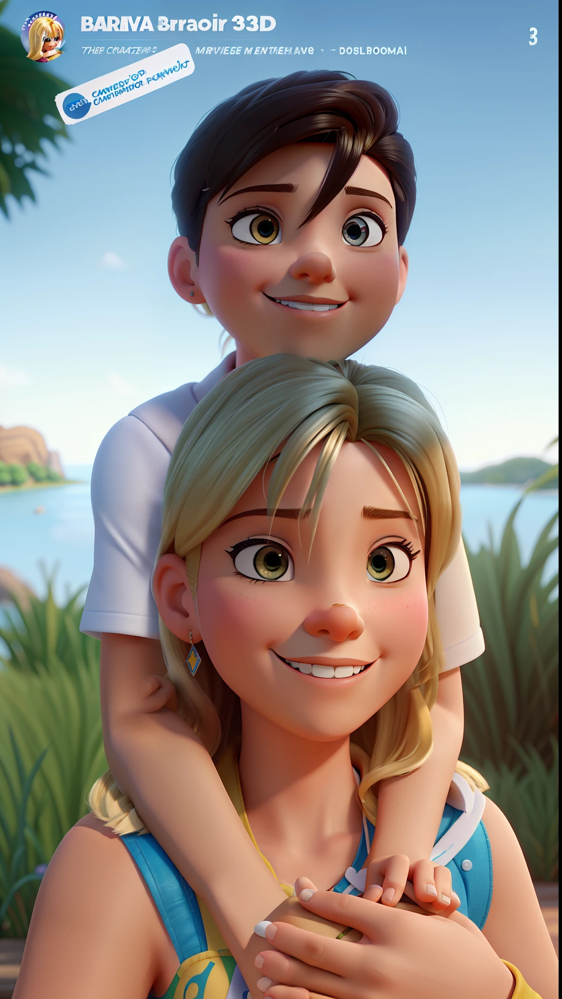 create a 3D movie poster inspired by Disney Pixar, Blonde Brazilian woman holding a 5 year old, COM CABELOS CASTANHOS, nos ombros em frente a um lago