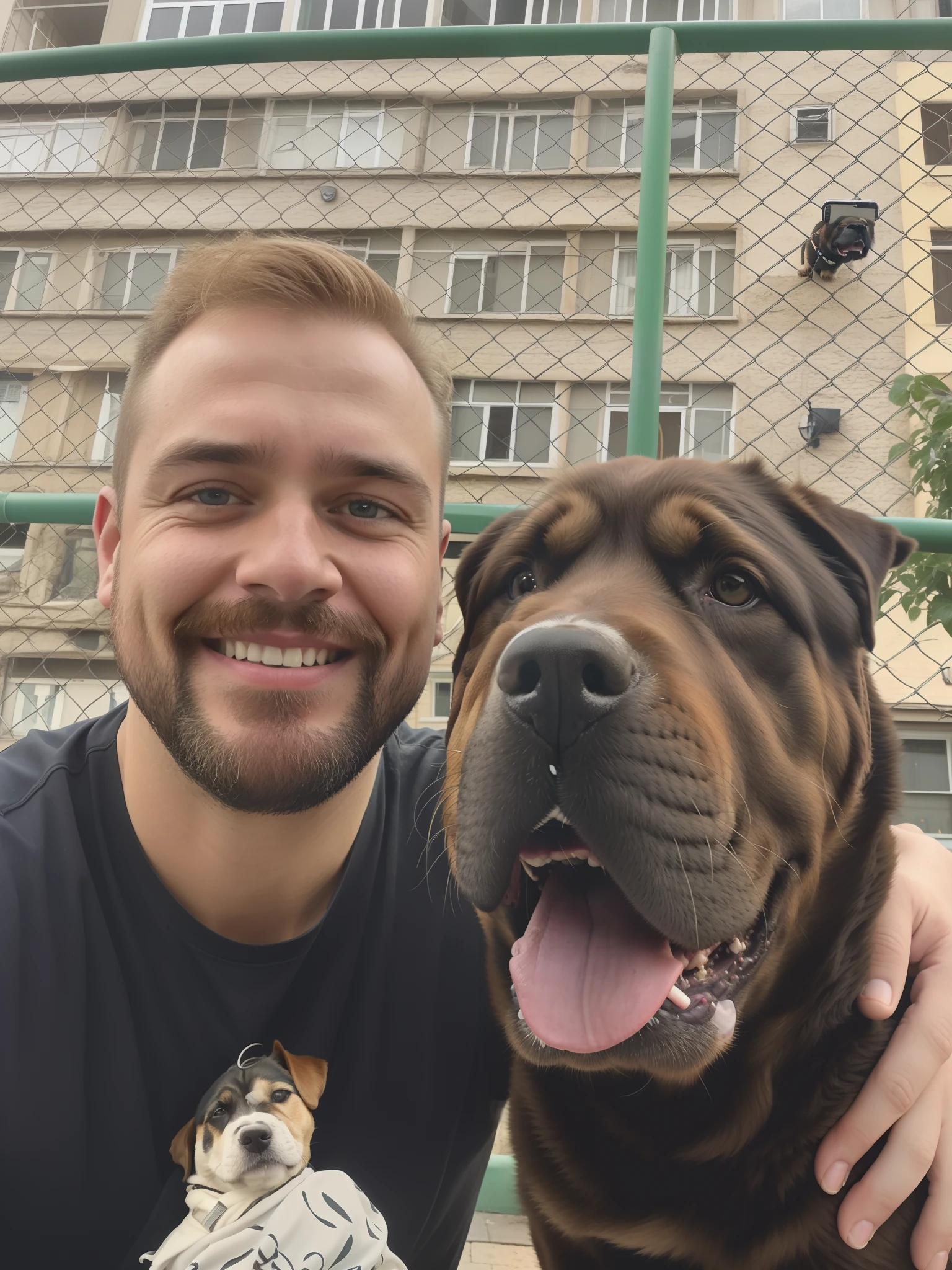 Smiling green-eyed blond man with red beard and mustache posing with his sharpei dog in front of a building, selfie of a dog, por Romain brook, with his hyperactive little dog, Homem de 3 0 anos, portrait big dark dog, Directed by: Emma Andijewska, 3 2 anos, Directed by: Alexander Runciman, 35 anos, 3 5 anos, Nikolay