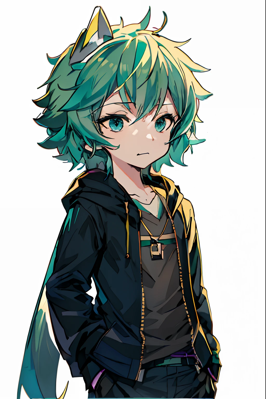 Green hair and blue eyes anime character wearing a black jacket, nagito komaeda, anime moe art style, Anime girl with teal hair, hatsune miku short hair, Anime Boy, Mikudayo, by Puru, 2 d anime style, High quality anime art style, anime style character, tall anime man with blue eyes, young anime man, Anime Character,Close your eyes and make a troubled expression