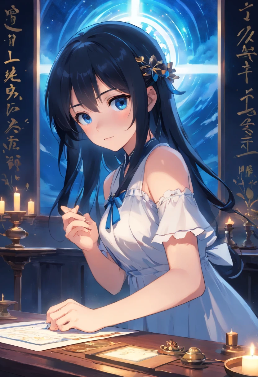 Blue-black pupils, a girl with medium to long black hair, wearing a white dress, holding a piece of talisman paper and praying，The picture is not gloomy，The picture is not gloomy