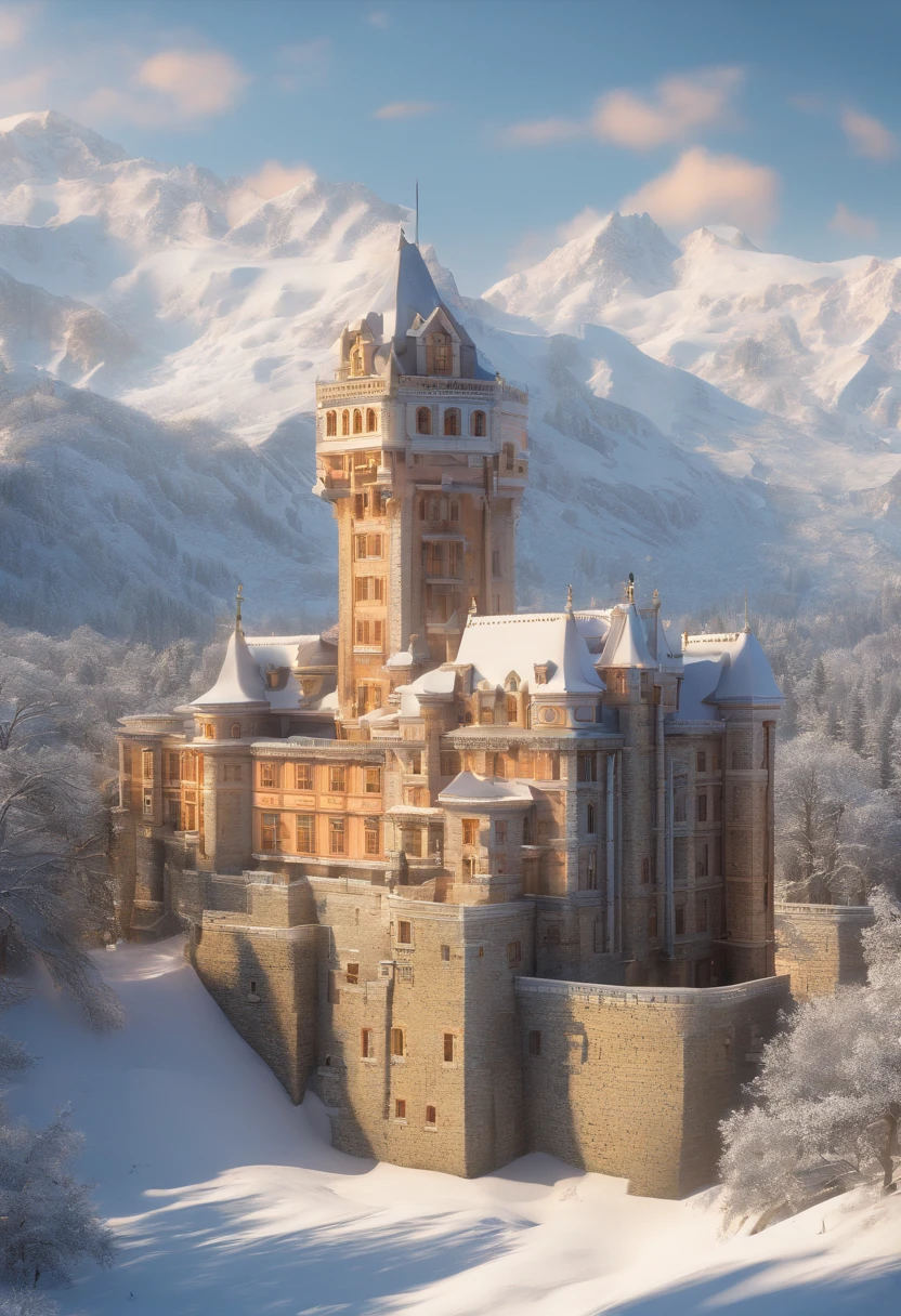 Um castelo na colina, com montanhas ao redor, todas com neve