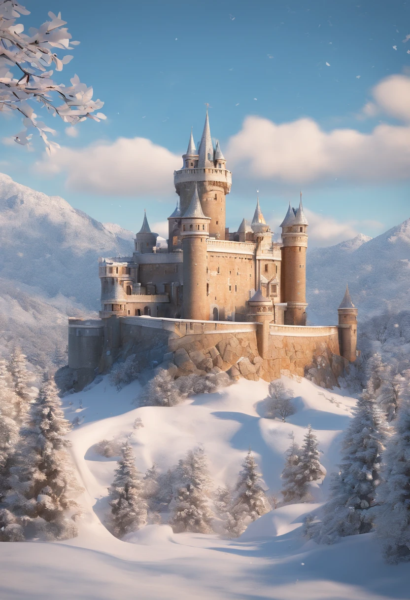 Um castelo na colina, com montanhas ao redor, todas com neve