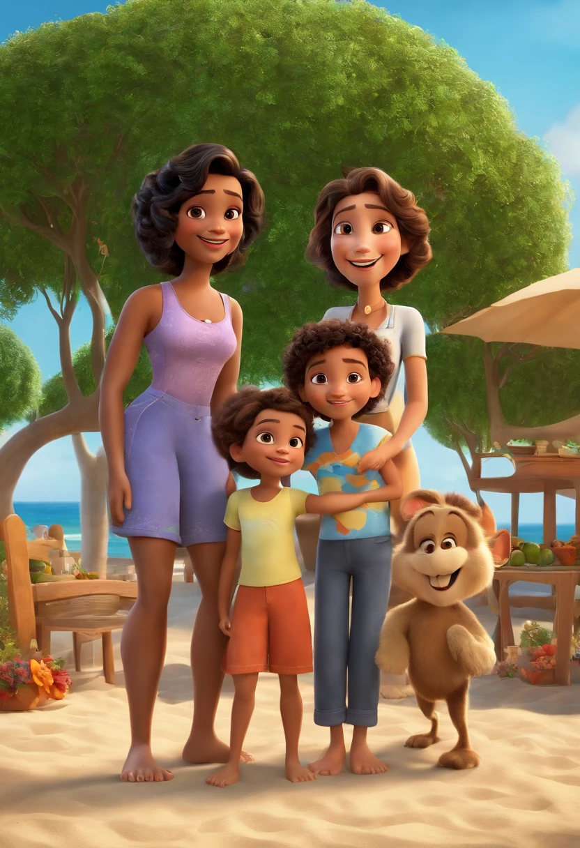 a Disney Pixar movie poster showing a family. The father is the one on the right, pele branca, olhos castanhos, cabelos curtos e penteado para o lado. Mom has brown eyes and black curly hair, na altura dos ombros. A menina tem 2 anos e cabelos castanhos, Short hair and hairstyle with colored elastics. The background is a beach garden. Renderizacao Disney pixar