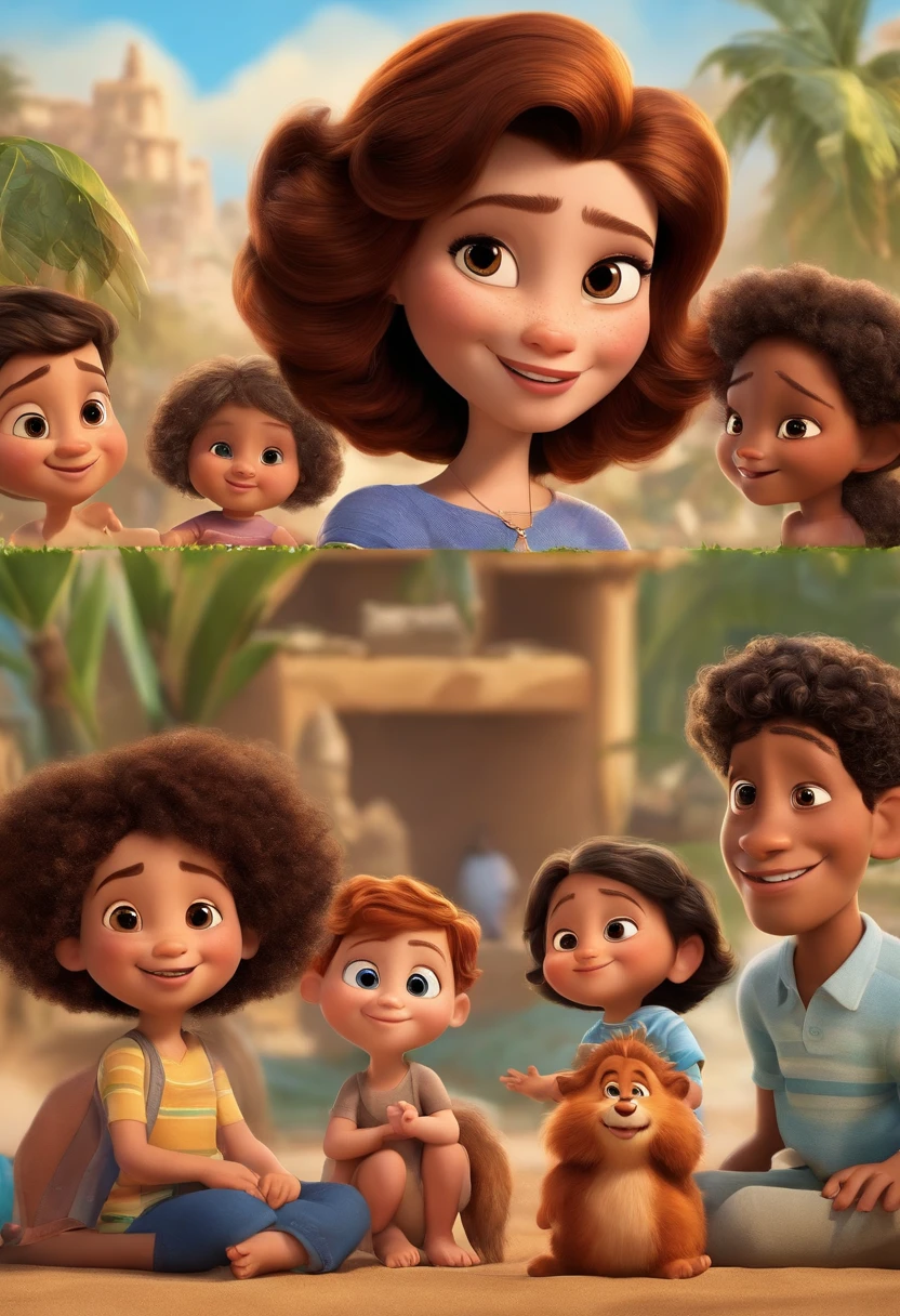 a Disney Pixar movie poster showing a family. The father is the one on the right, pele branca, olhos castanhos, cabelos curtos e penteado para o lado. Mom has brown eyes and black curly hair, na altura dos ombros. A tem 2 anos e cabelos castanhos, Short hair and hairstyle with colored elastics. The background is a beach garden. Renderizacao Disney pixar