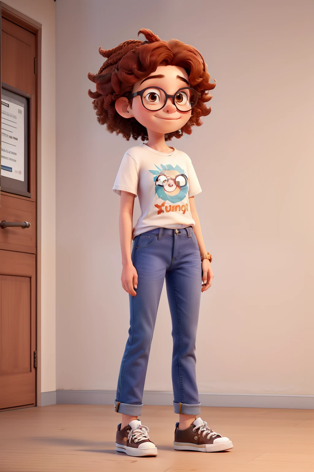 Uma de 24 anos, Wears baggy jeans and a T-shirt, All STAR sneakers, cabelo grande liso, ruiva, cabelo laranja, wears rounded glasses, eyes with large brown eyelashes