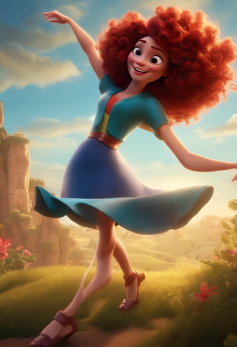 Pixar style image with 3D character white glasses dark redhead woman short curly hair dancing, Maquiagem Disney,Pescador, bonitinho, sorridente ,Close-up, Pixar, Disney, Cinema lighting,