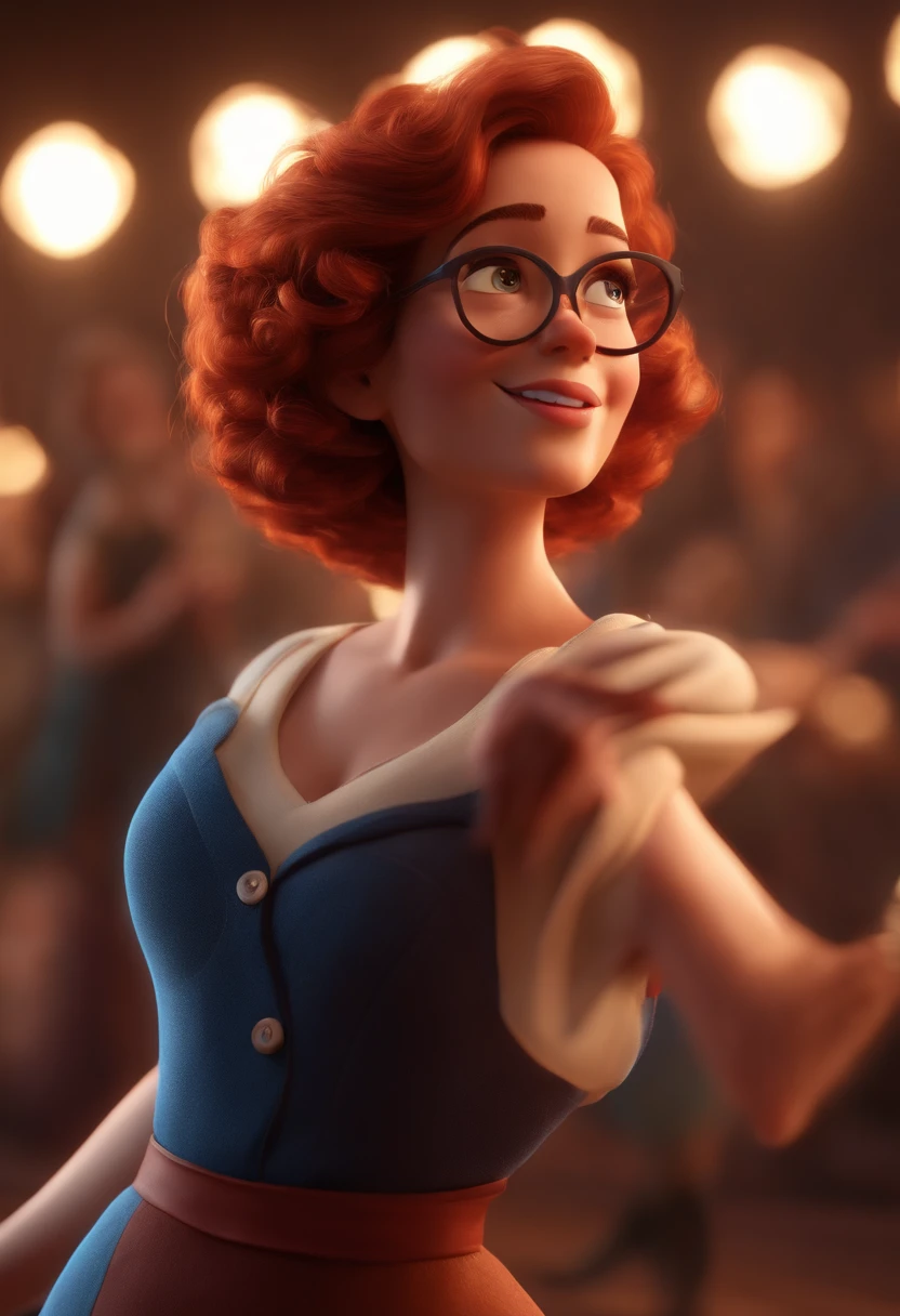 Pixar style image with 3D character white glasses dark redhead woman short curly hair dancing, Maquiagem Disney,Pescador, bonitinho, sorridente ,Close-up, Pixar, Disney, Cinema lighting,