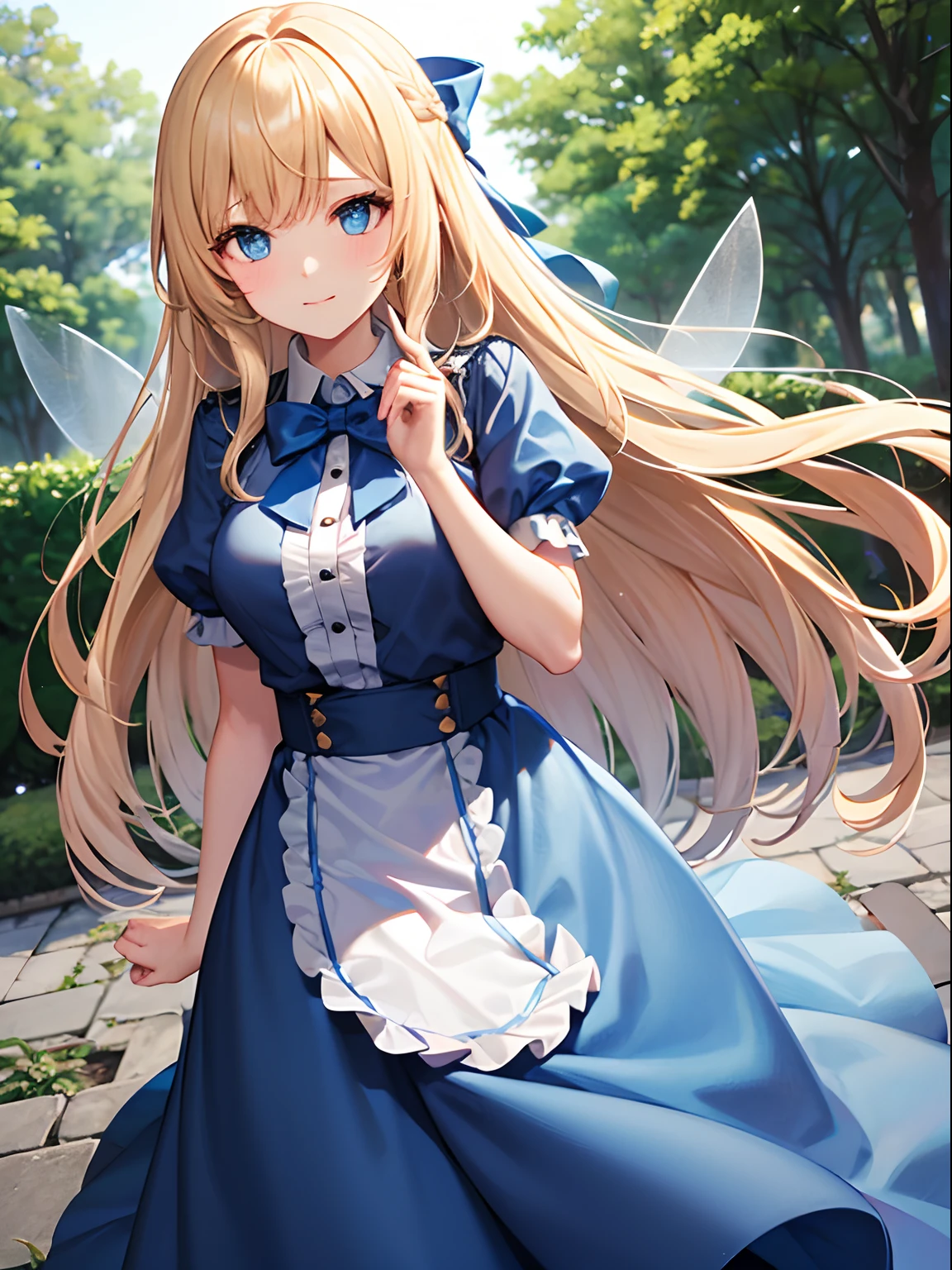 Long blond hair, blue eyes, light blue skirt, light blue bow, Alice, fairy tale, European style