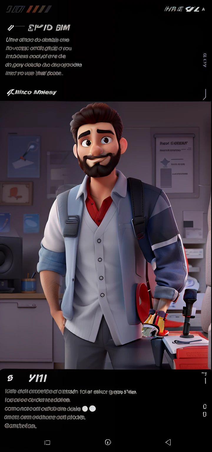 Pode melhorar barba mais rala com uns fios brancos, Make the full body appearing white red shoes. Man stands on black background on a speaker-like stage with microphone in one hand and book in the other in Disney pixar style best quality, maior qualidade.