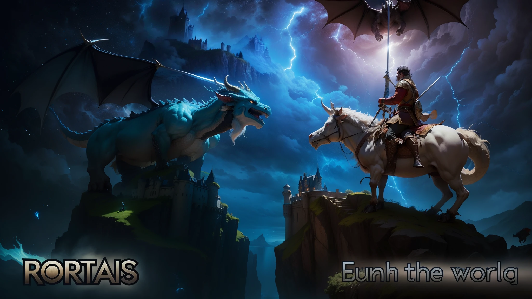a dragon flying over a castle in a island, in the right a man in a island is riding a buffalo with a ramour and a sword stuck by lightning
