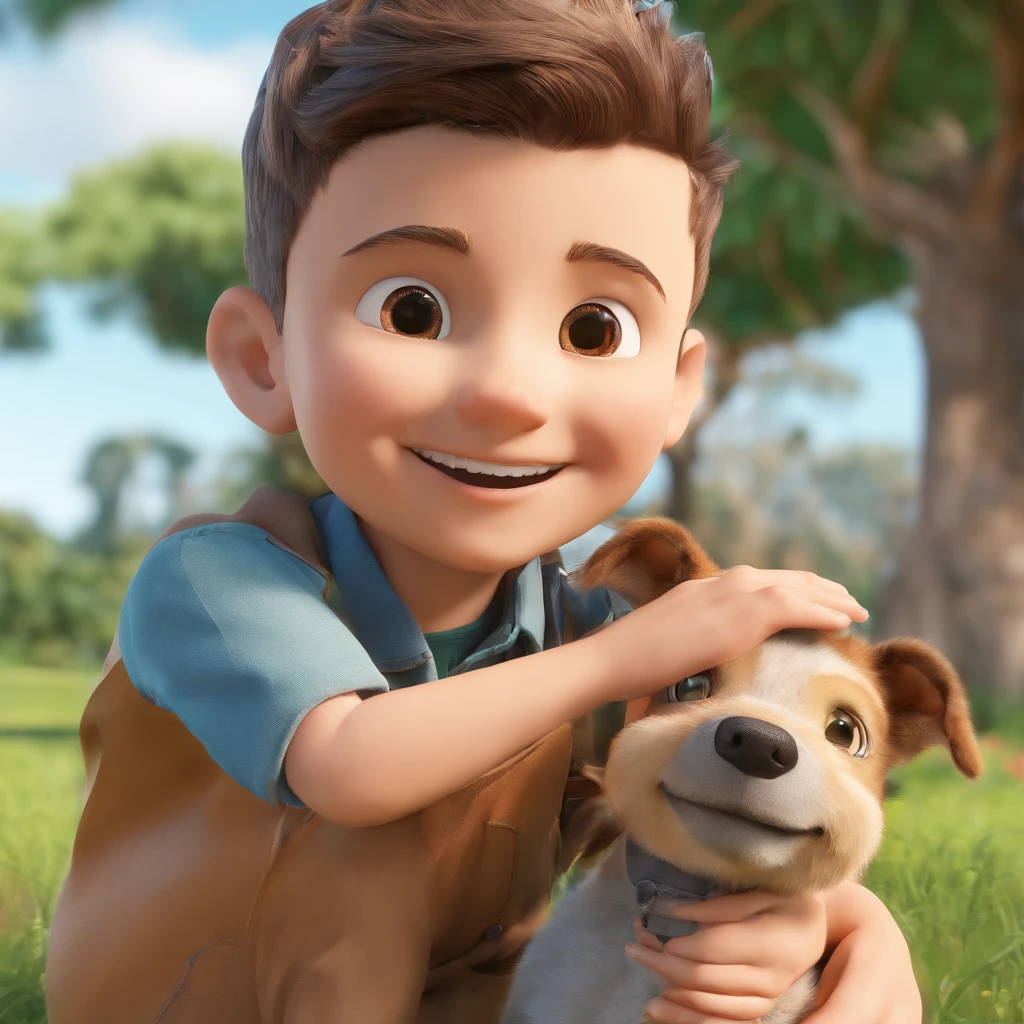 Weberton is a smiling 5-year-old human boy, com seu fiel amigo, Bolt, o cachorro  pincher, deitados no jardim