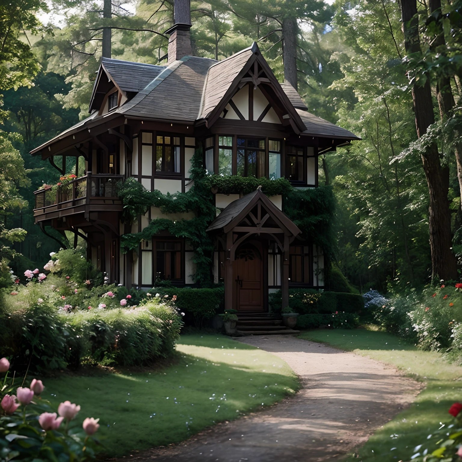 In front of the house there is a large house with a lot of flowers, beautiful house on a forest path, cottage in the woods, Cottagecore, cottage in the woods, Cottagecore!!, house in the forest, Beautiful house, house in the forest, house in the forest, Combined with the architecture of Rivendell, witch cottage in the forest