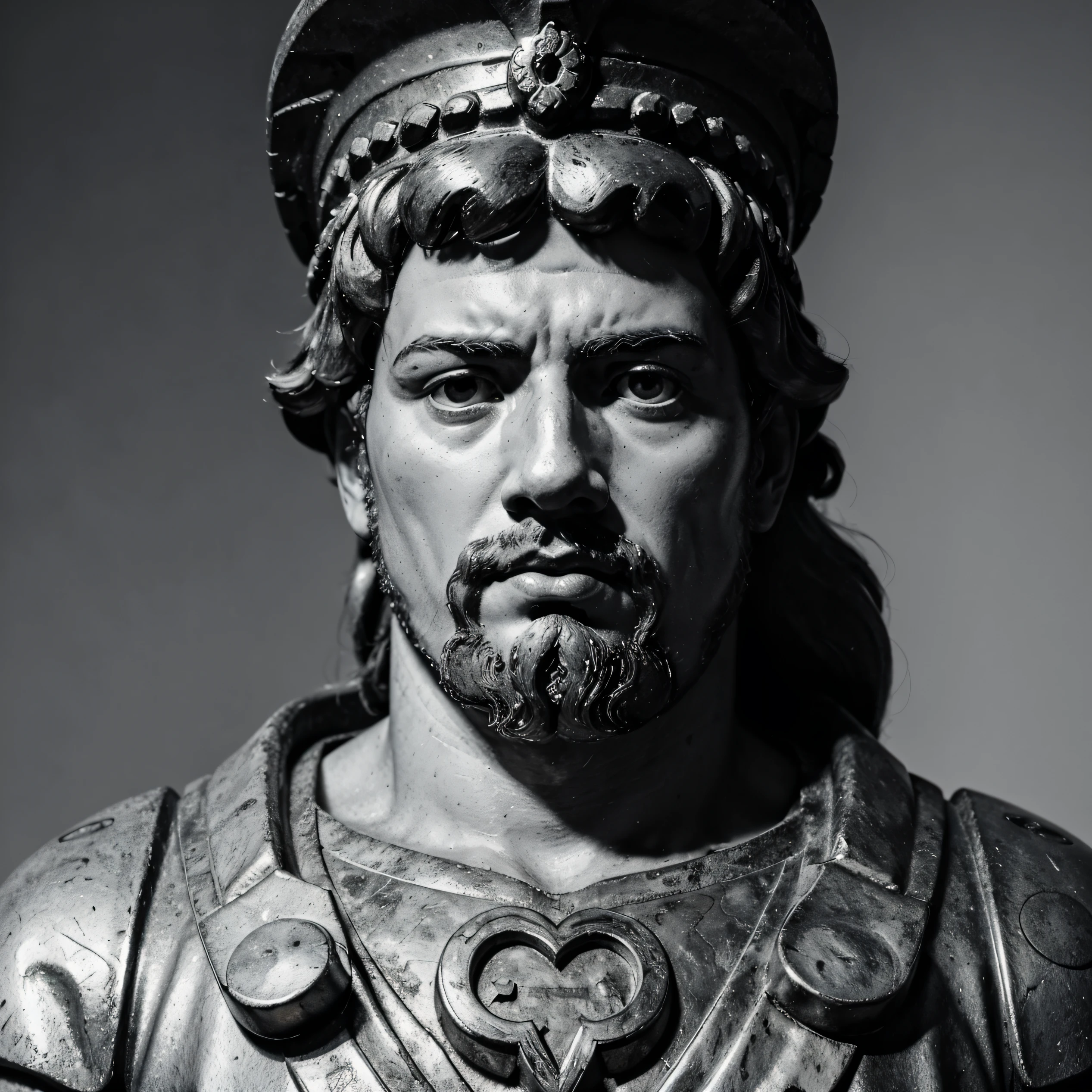 a black and white portrait of marcus aurelius 16:9. It should be a stoic image displaying strength and wisdom