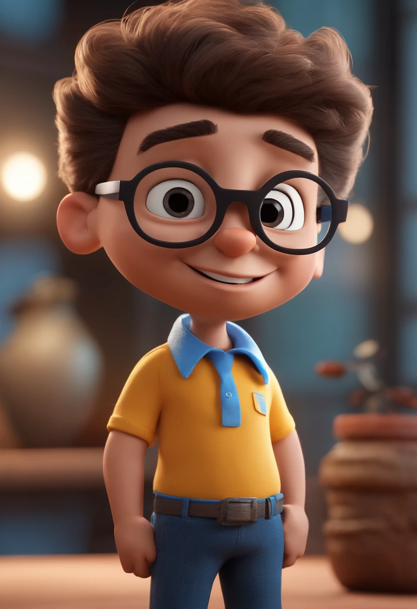 Cartoon character of a man with black glasses and a blue shirt, animation character, Caractere estilizado, animation style rendering, 3D estilizado, Arnold Maya render, 3 d render stylized, toon render keyshot, Personagem 3D, Personagem 3D, 3d rendering stylized, 3 d character render, personagem de desenho animado, Personagem de close up, Pose de personagem,  (Estilo Pixar) (master part:1.2) (Bokeh) (best quality) (pele detalhada) (textura detalhada) (8k) (argila) (Cinematic lighting) (foco nítido