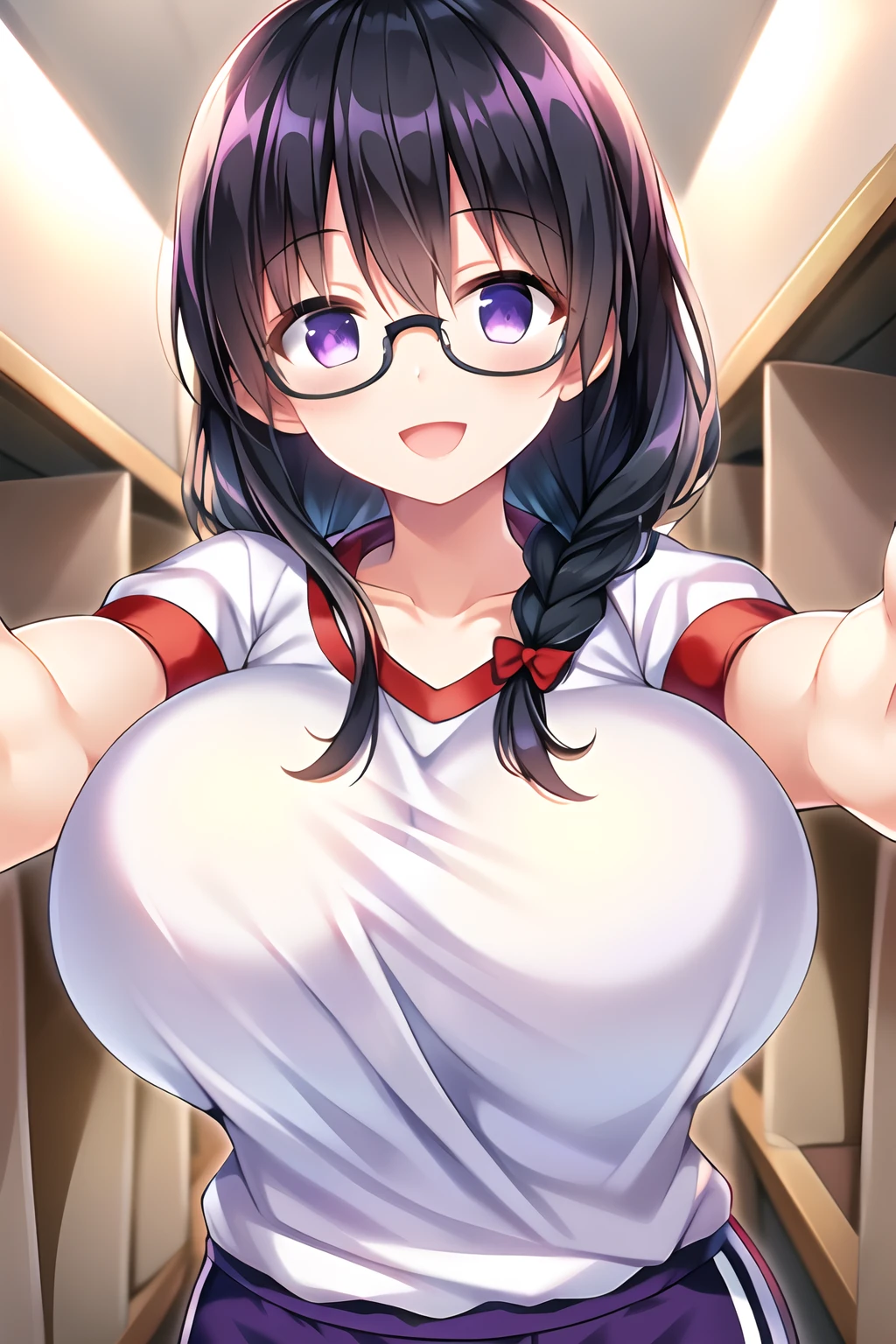 (gym storeroom), (1girl), (black hair:1.1), (purple eyes), (braid), (glasses), (huge breast), (smile), (:d), (Intricate Iris Details), (reaching out), (Gym suit), (white shirt), (looking at viewer)