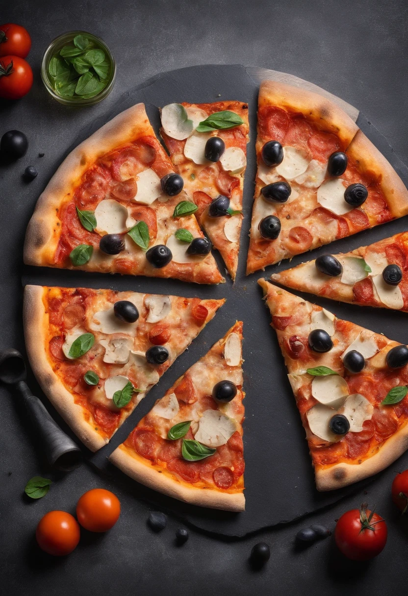 Una pizza muy jugosa en una mesa color negro, Night Photography