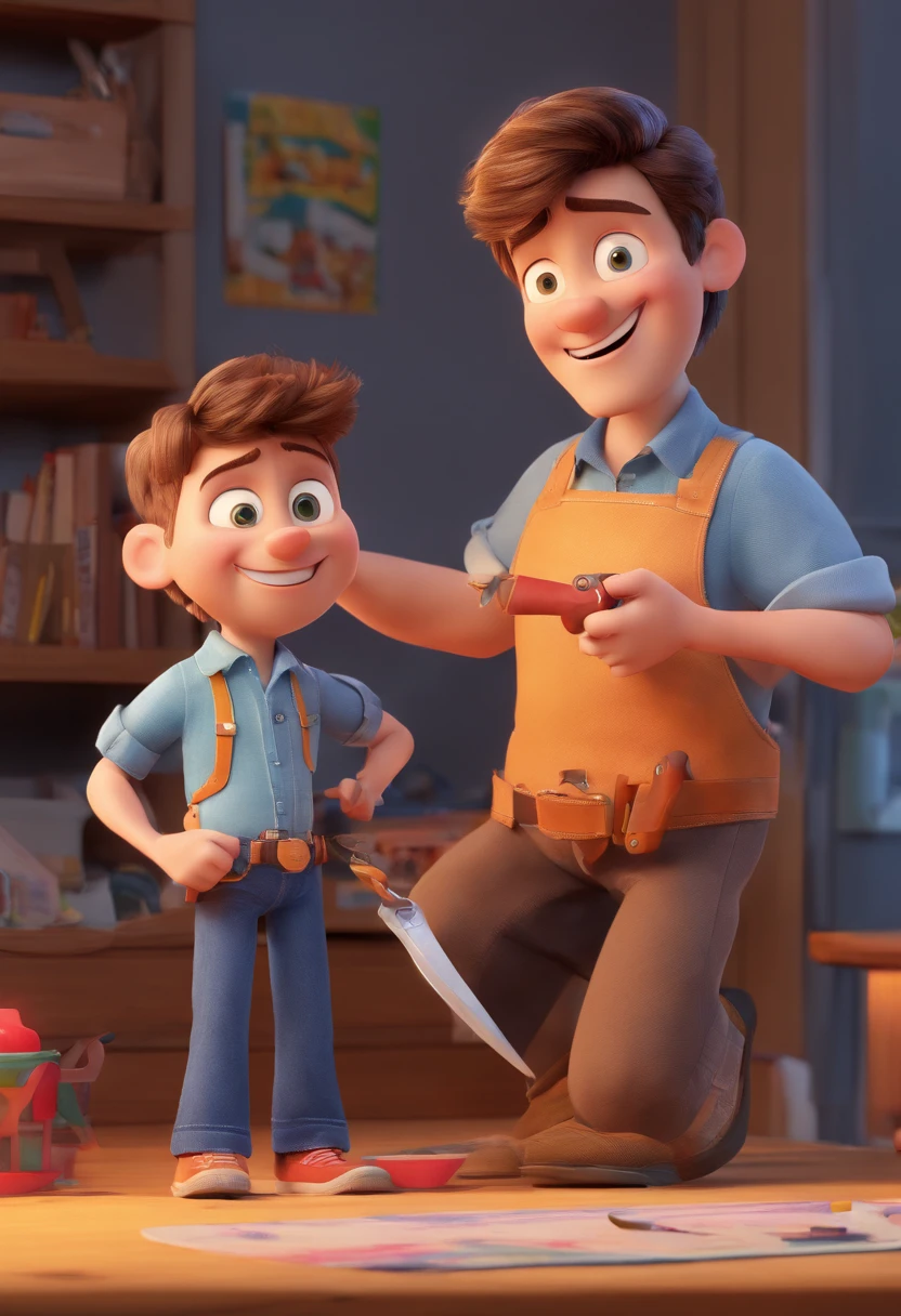 Estilo Pixar: The grown man is holding a naked blue-eyed boy and in his other hand he is holding a pair of scissors and is trying to cut off the boy's testicles,3D Poster,Disney