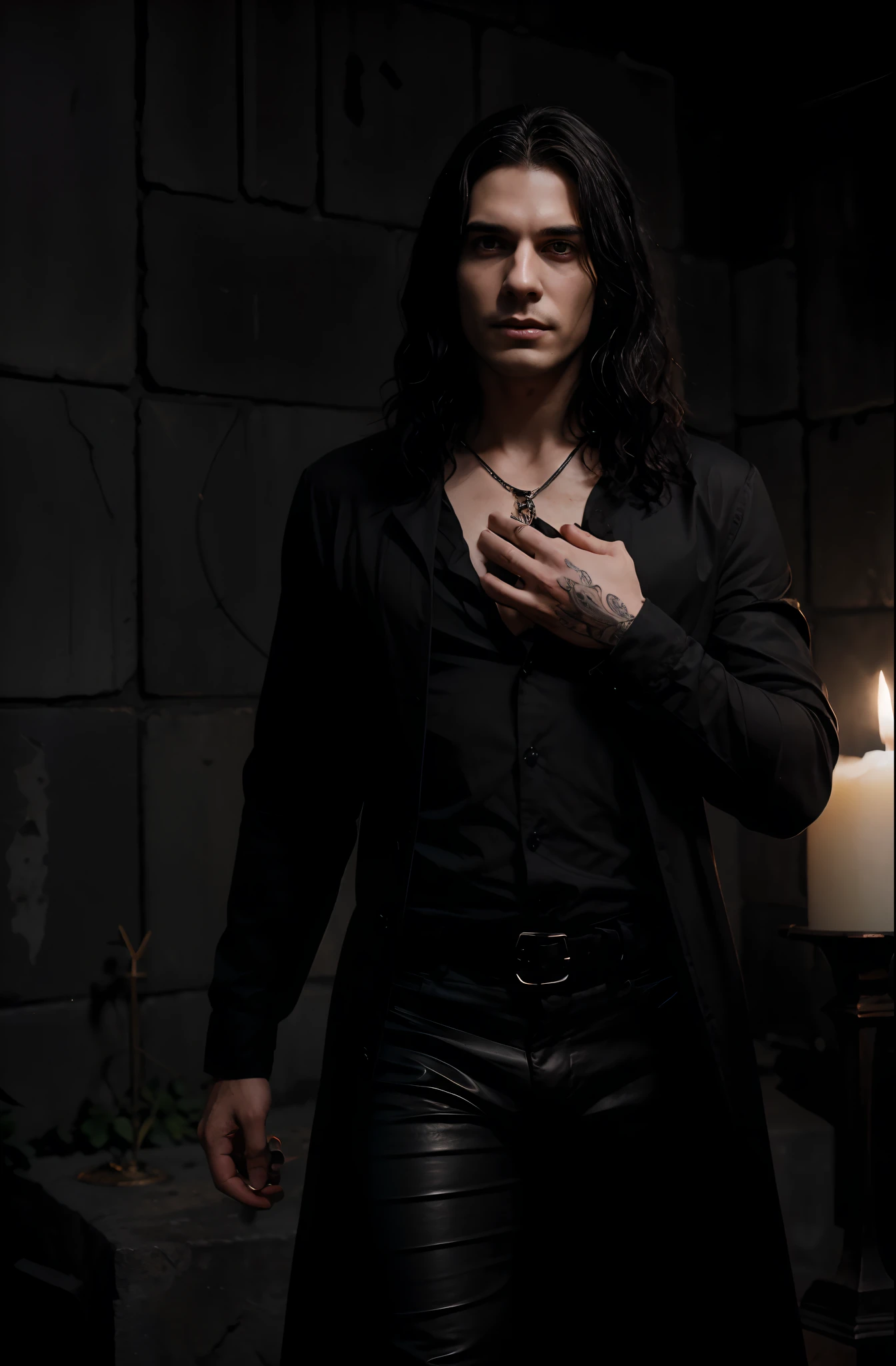 In a world of Dungeons and Dragons, where magic and the occult were a present force, a young man was a necromancer. This man is an enigmatic figure, shrouded in a mystical style, he has short, wavy hair, black as midnight. His pale black eyes emanated intense power, but they also hid the weight of wisdom gained from exploring the forbidden depths of necromancy. Dressed entirely in black, the man wore a fabric blouse with an open collar and leather pants that seemed to absorb the light around him. The accessories he carried were minimalist but meaningful. He wore a silver necklace with a pendant, symbolizing his connection with death and passage to the realm of the dead. He has only a dark ebony wand, as well as runes and magic circles tattooed on his hands. He also has an Amarano book on his waist inside a leather fanny pack.