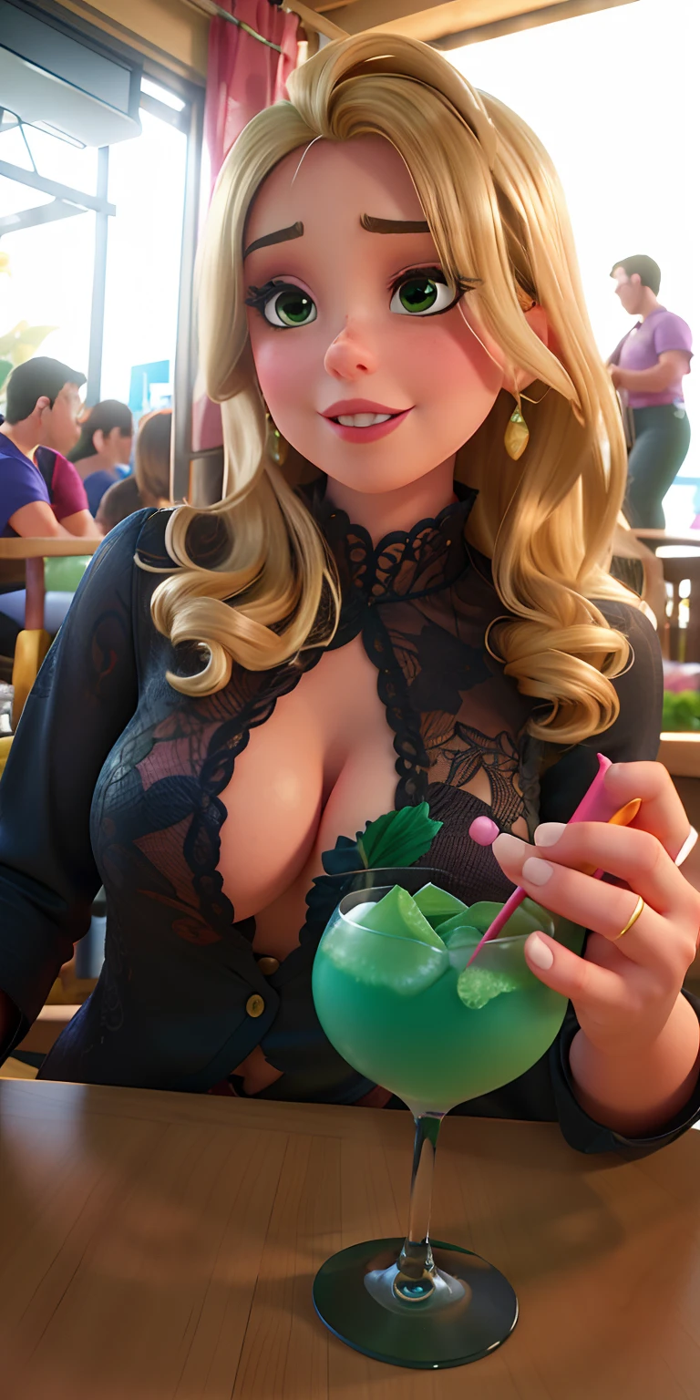 Woman with a glass of green cocktail and a pink flower in her hand, com uma bebida, segurando uma bebida, linda senhora, tirada em discoteca, em um bar, coquetel de bebida, beleza de cair o queixo, candid shot, em um bar, beleza de cair o queixo, clivagem, menina bebe energia monstro, 20 anos, 2 0 I, Garota sexy