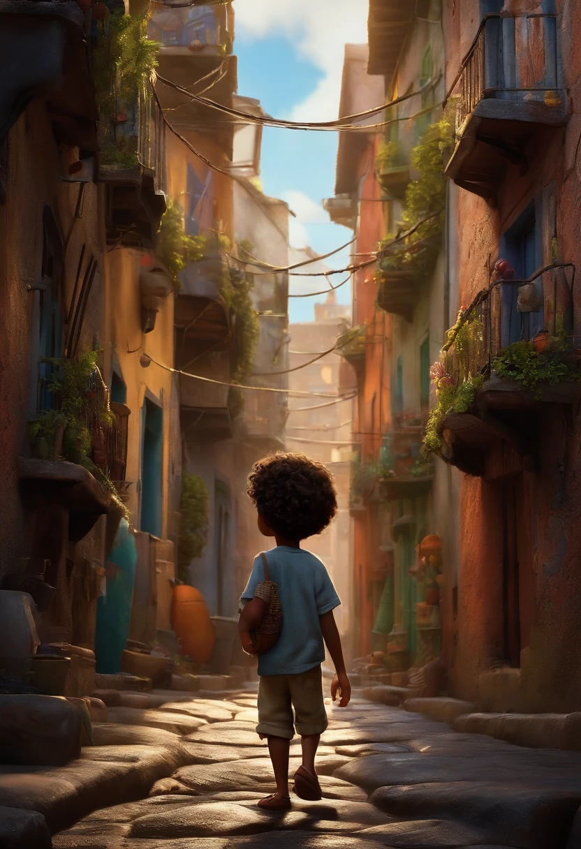 Um filme inspirado na Disney Pixar ( BRANCO JOVEM COM CABELO LONGO CACHEADO PRETO) He's walking down a street in a slum in The scene being in the distinctive art of the PIXAR style, descolada e estilosa