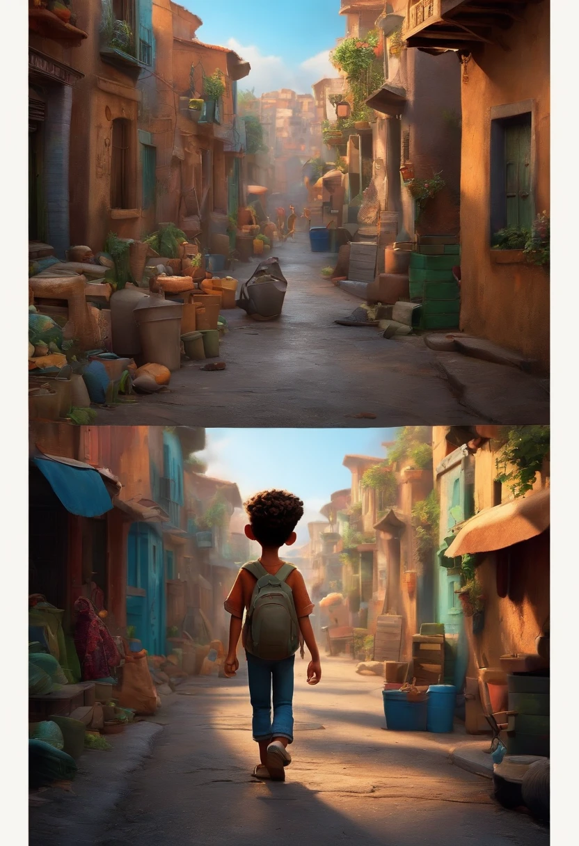 Um filme inspirado na Disney Pixar (MENINO BRANCO JOVEM COM CABELO LONGO CACHEADO PRETO) He's walking down a street in a slum in The scene being in the distinctive art of the PIXAR style, descolada e estilosa