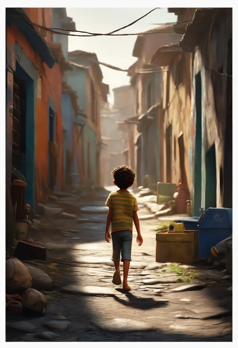 Um filme inspirado na Disney Pixar ( BRANCO JOVEM COM CABELO LONGO CACHEADO PRETO) He's walking down a street in a slum in The scene being in the distinctive art of the PIXAR style, descolada e estilosa