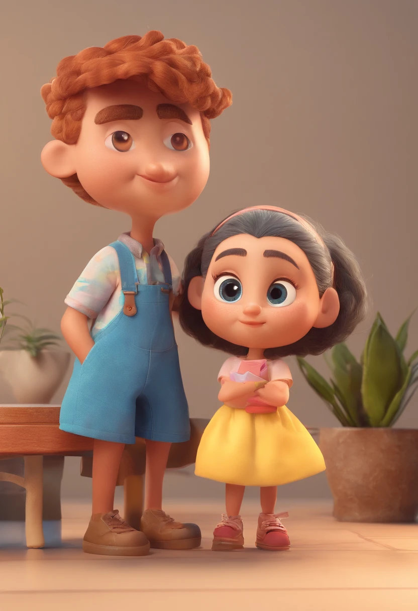 An illustration of an adorable couple, Destacando um homem e uma mulher com beleza, Expressive eyes – the man's hair is bald and brown and he has a full beard, While the woman's hair is tied up in a bun and blonde. They are a bright space, Todos com um sorriso no rosto, e compartilhe um momento especial, That is marked by love, viagem, and pedagogical insights. Ilustre esta cena a partir de uma perspectiva, where they're facing away from the camera, Show Your Connection. Desenvolva esta arte em Full HD, Focus on your cinematic touch, Estilo Disney Pixar Animations