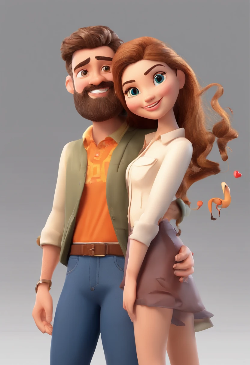 An illustration of an adorable couple, Destacando um homem e uma mulher com beleza, Expressive eyes – the man's hair is bald and brown and he has a full beard, While the woman's hair is tied up in a bun and blonde. They are a bright space, Todos com um sorriso no rosto, e compartilhe um momento especial, That is marked by love, viagem, and pedagogical insights. Ilustre esta cena a partir de uma perspectiva, where they're facing away from the camera, Show Your Connection. Desenvolva esta arte em Full HD, Focus on your cinematic touch, Estilo Disney Pixar Animations