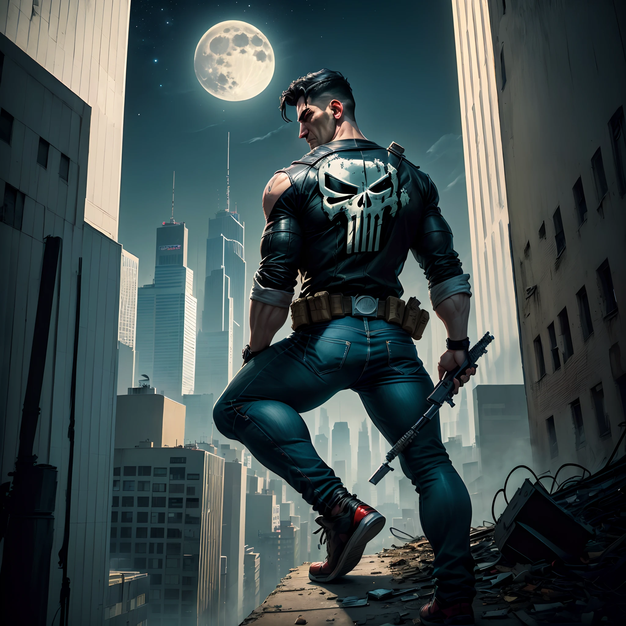 The Punisher character on top of a building, Watching the city with a full moon behind him.